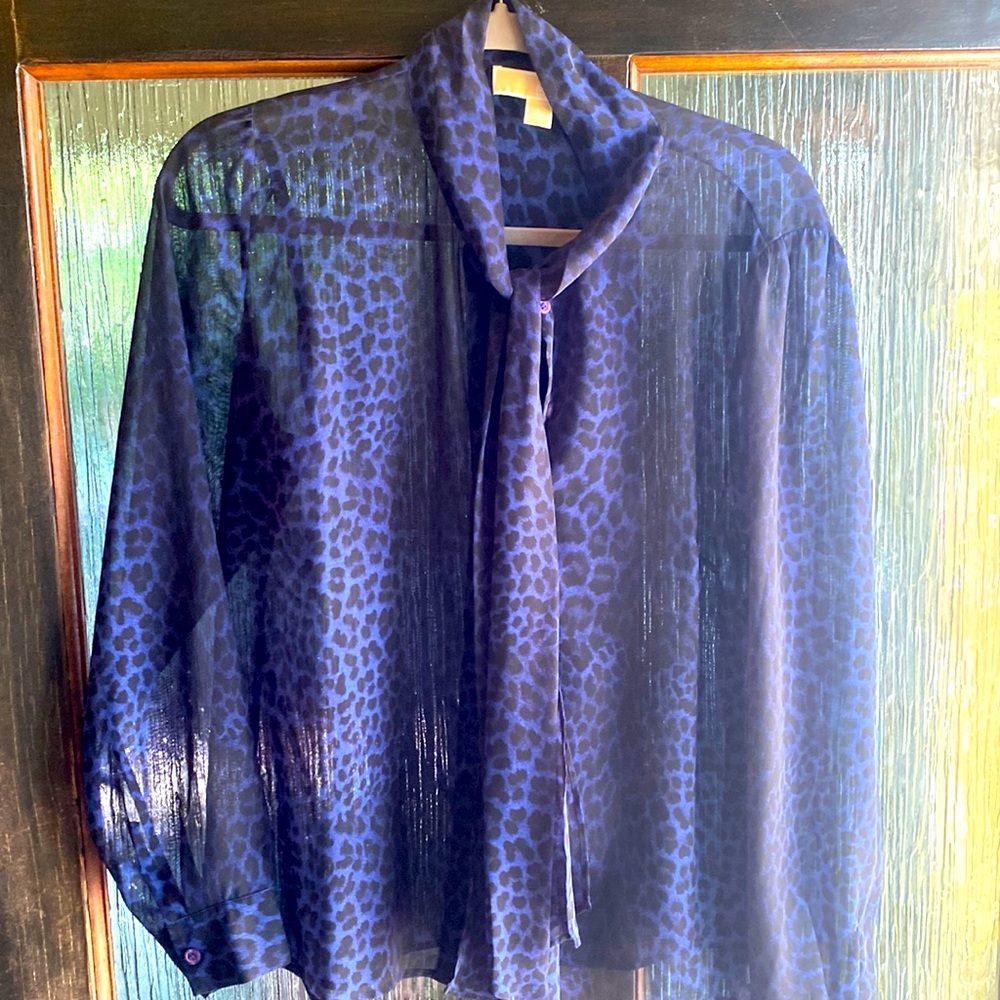 Michael Kors long sleeves sheer blouse blue/black leopard print size L